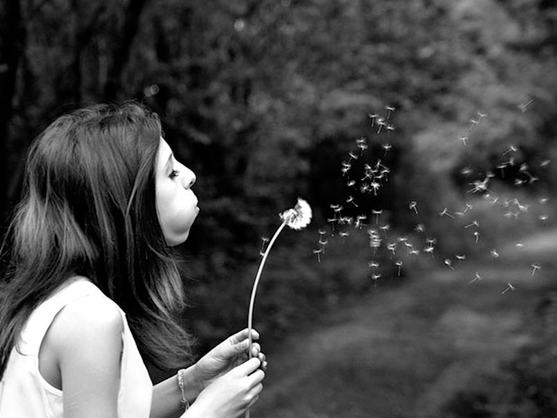 A woman making a wish on a dandelion.
