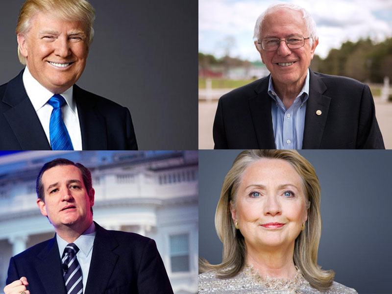 2016 primary candidates Donald Trump, Bernie Sanders, Ted Cruz, and Hillary Clinton.