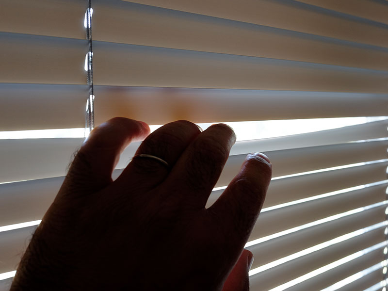 Someone who learned how to catch a cheater, peaking through the blinds to spy on someone.