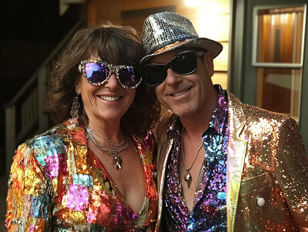 Couple in disco costume.
